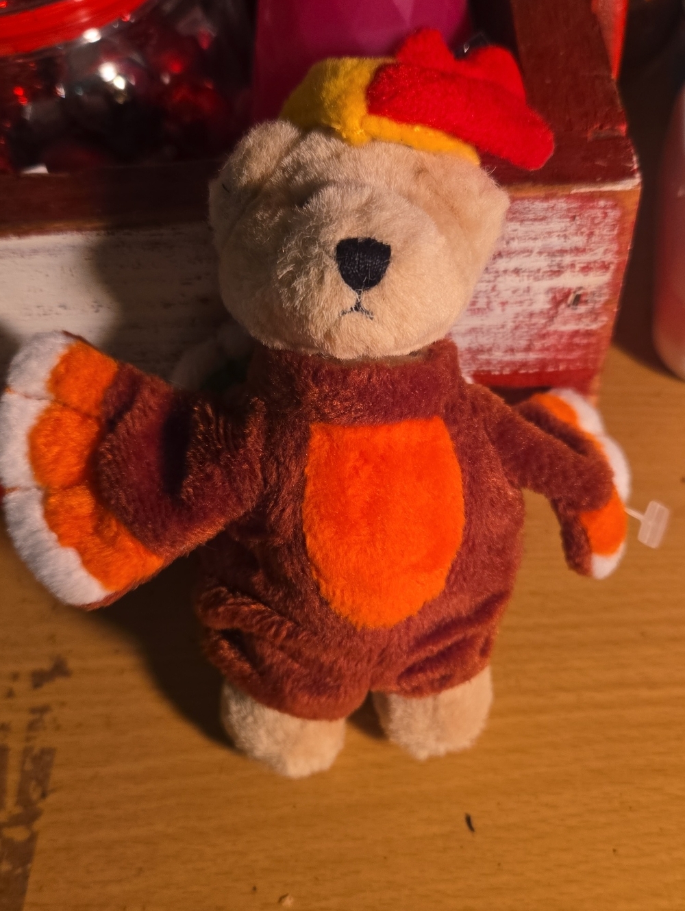 Plush Brown & Orange Bear Stuffed Toy with Turkey Costume